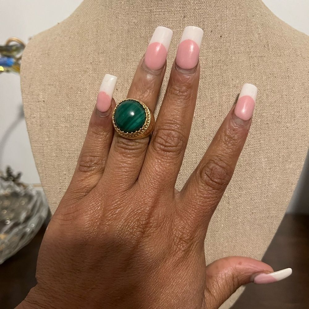 Women’s Vintage Sterling Vermeil Malachite cabochon Ring by PJM Size 5